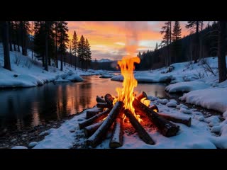 Winter CAMPFIRE: A Calm Evening by the Lake with Soothing Glow